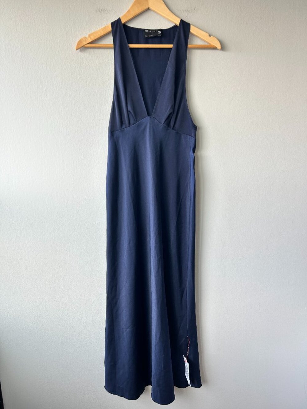 ASOS DESIGN Bias Cut Plunge Satin Midi Dress Racerback Navy US 2 NWT